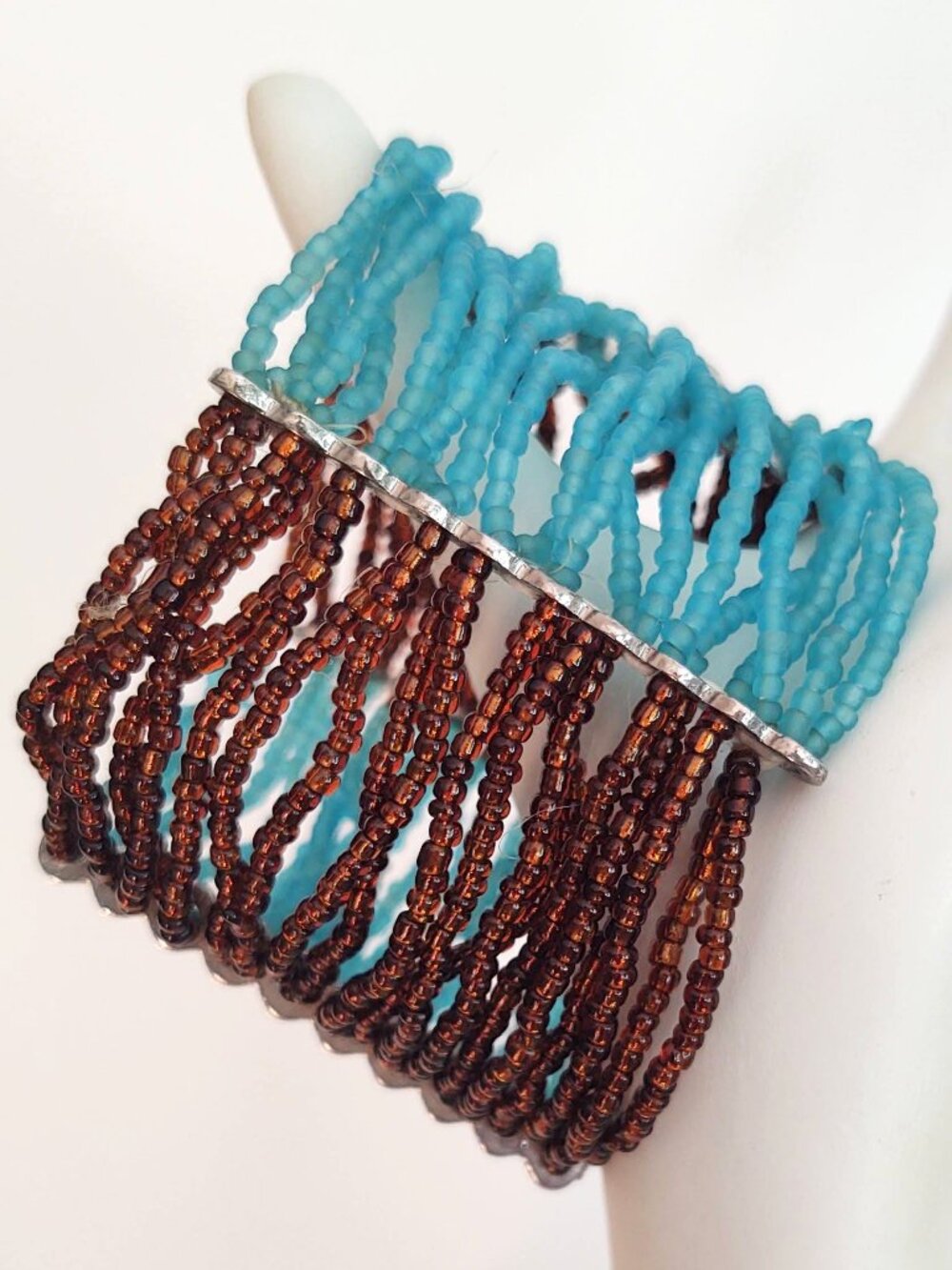 Blue and brown seed bead wide stretch bracelet